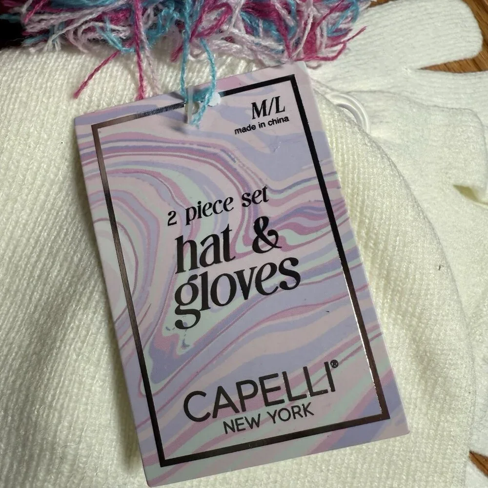 NWT Capelli New York Unicorn Knit Hat & Gloves Set Ivory Pink M/L